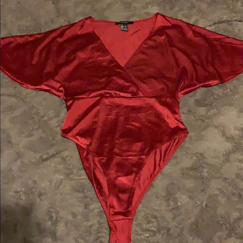 Red silk like short sleeve shirt